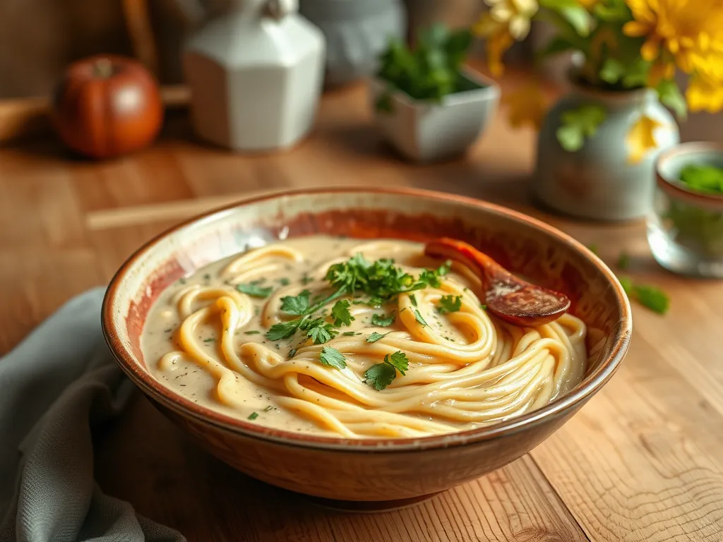 Bowl of cheap microwave ramen carbonara garnished with cilantro