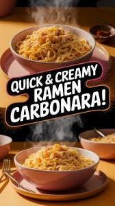 Delicious cheap microwave ramen carbonara served in a bowl