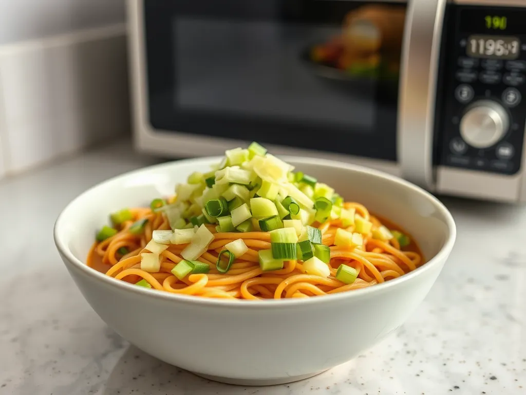 Bowl of cheap microwave ramen topped with canned diced celery and green onions.