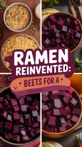 Bowl of cheap microwave ramen with canned diced beets