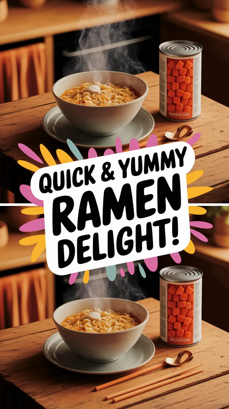 Bowl of steaming microwave ramen with canned diced carrots on the side.
