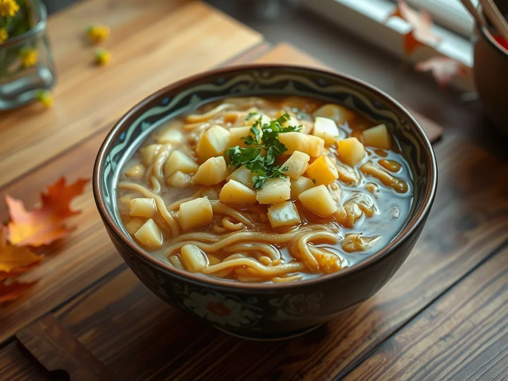 Bowl of cheap microwave ramen soup topped with canned diced potatoes