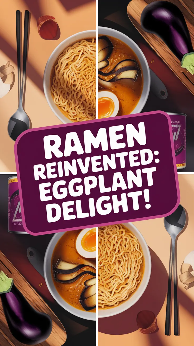 Bowl of cheap microwave ramen topped with canned diced eggplant and a soft-boiled egg.