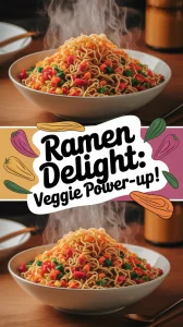 Bowl of cheap microwave ramen with colorful frozen veggies