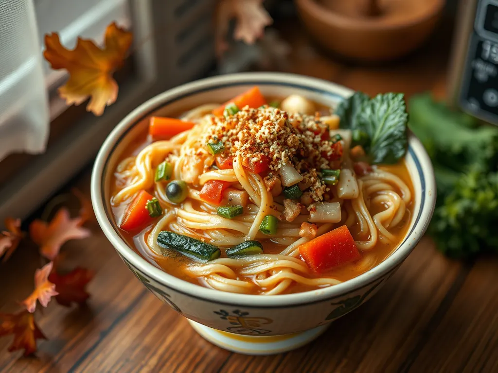 Bowl of cheap microwave ramen with colorful frozen mixed veggies