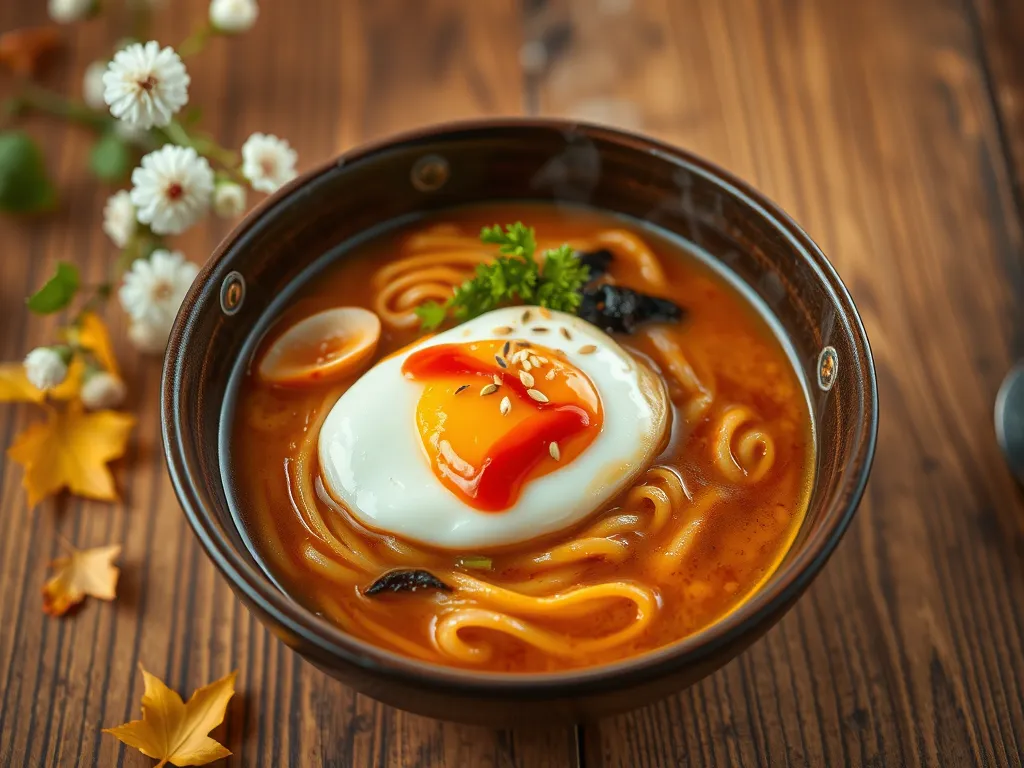 Bowl of cheap microwave ramen topped with a poached egg and surrounded by frozen veggies
