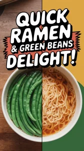 Bowl of cheap microwave ramen with canned green beans