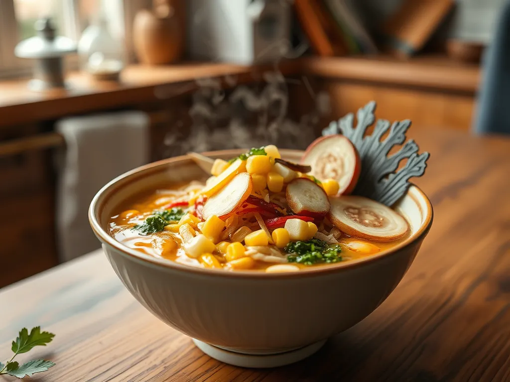Bowl of cheap microwave ramen featuring canned diced kohlrabi and colorful vegetables.