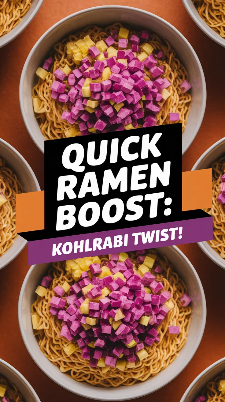 Bowl of cheap microwave ramen topped with colorful canned diced kohlrabi.