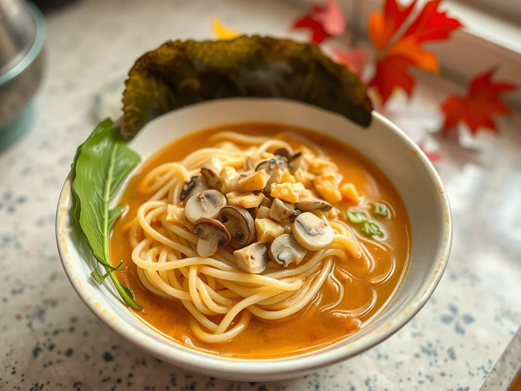 Bowl of cheap microwave ramen topped with canned diced mushrooms and greens