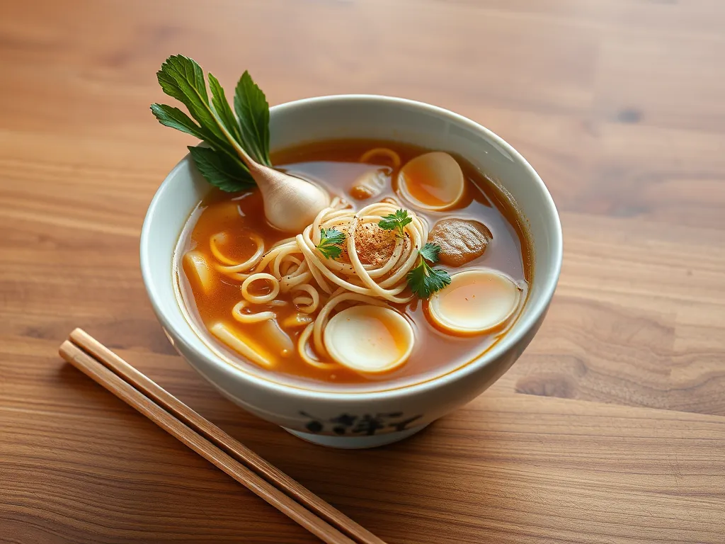 Bowl of cheap microwave ramen featuring canned diced rutabagas and garnished with herbs.