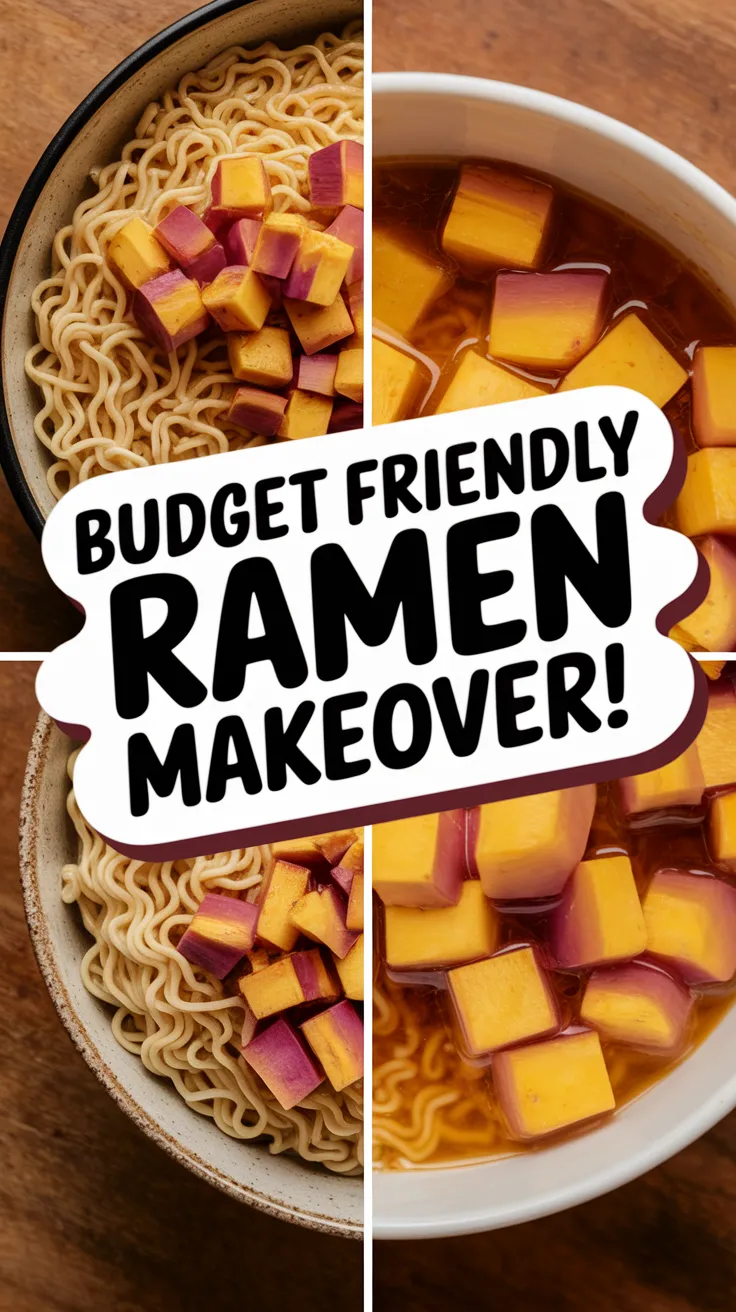 Bowl of cheap microwave ramen topped with canned diced rutabagas for a budget-friendly meal