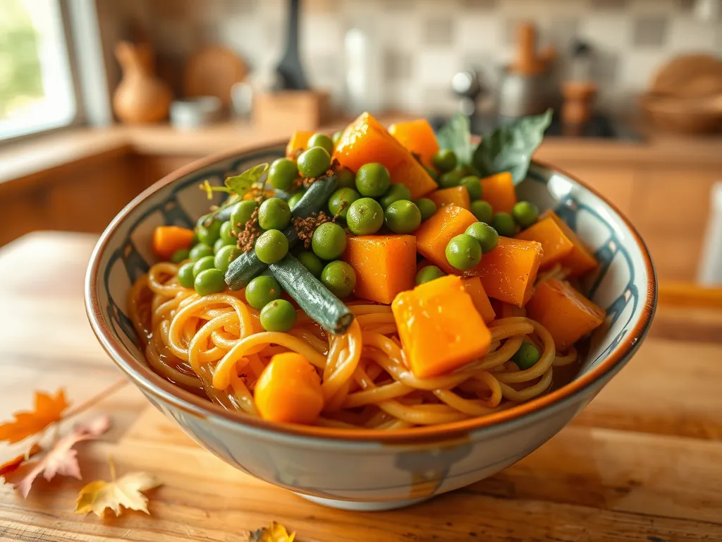 Bowl of cheap microwave ramen topped with canned diced squash and green peas