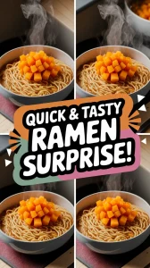 Bowl of cheap microwave ramen topped with diced squash, perfect for a quick meal.