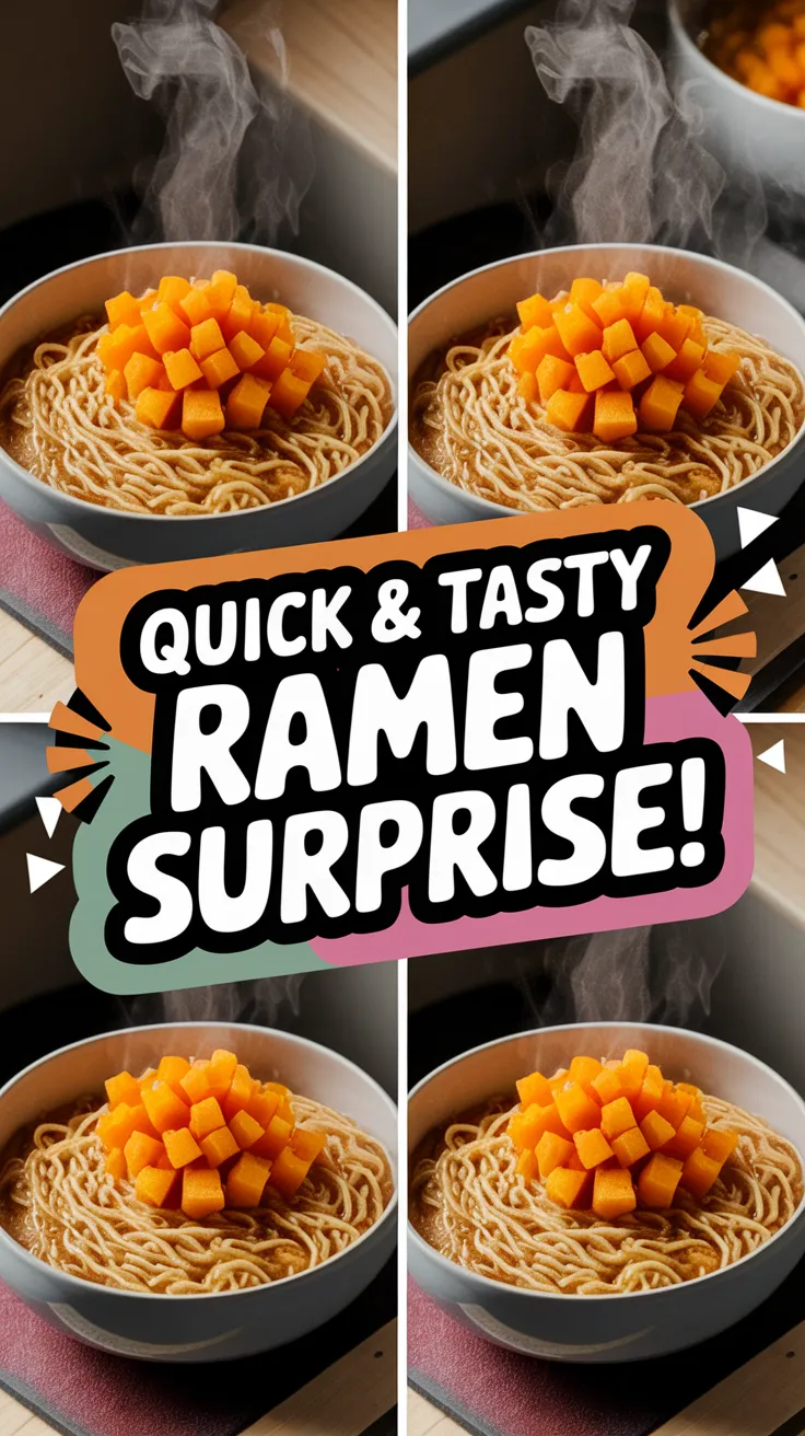 Bowl of cheap microwave ramen topped with diced squash, perfect for a quick meal.