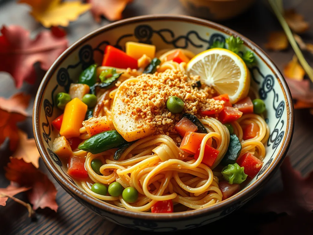 Bowl of cheap microwave ramen stir-fry with vegetables, lemon, and toppings.