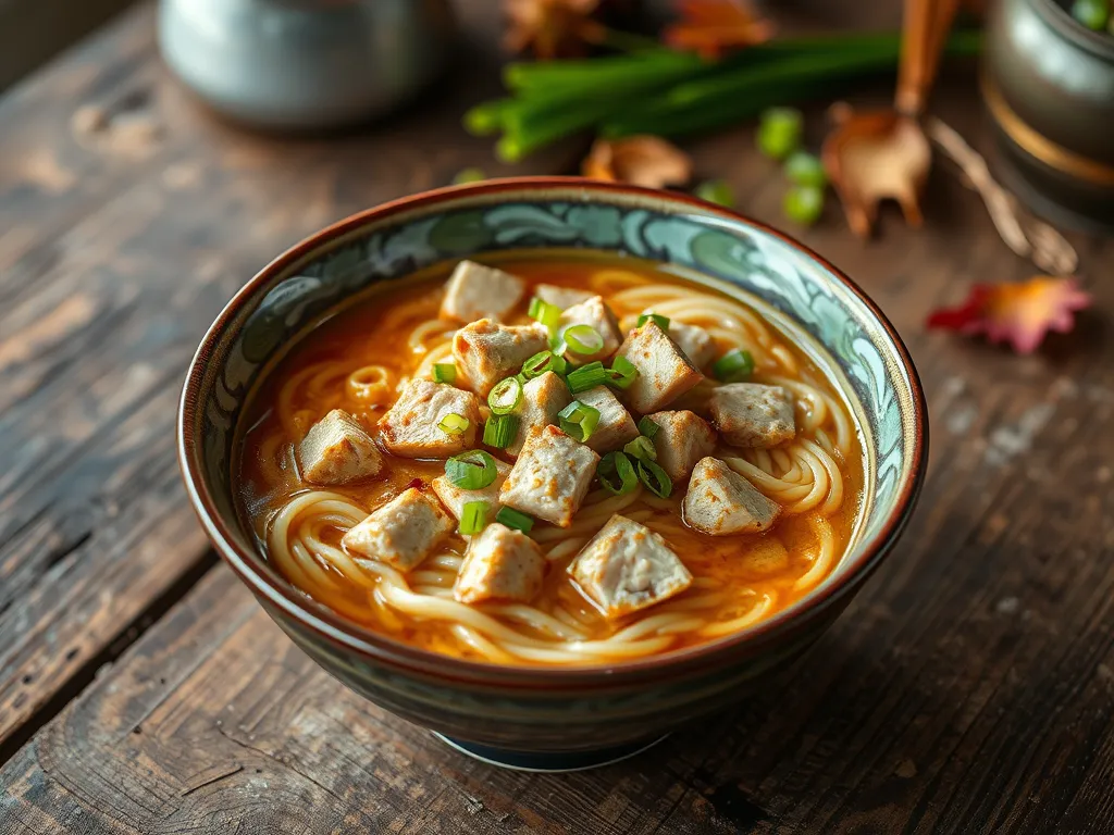 Bowl of cheap microwave ramen topped with canned tuna and green onions.