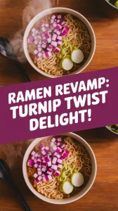 Bowl of cheap microwave ramen topped with canned diced turnips for a delicious twist.