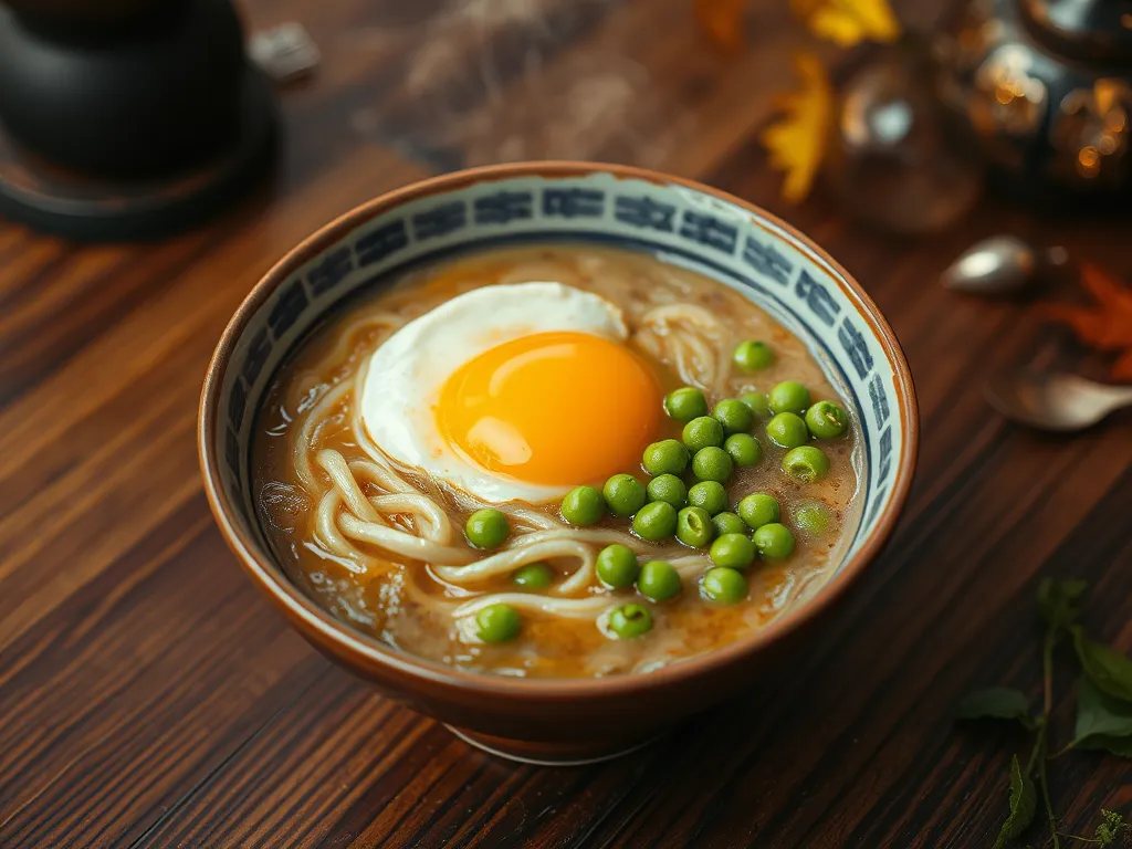 Bowl of microwave ramen with egg drop and green peas, perfect for a budget meal.