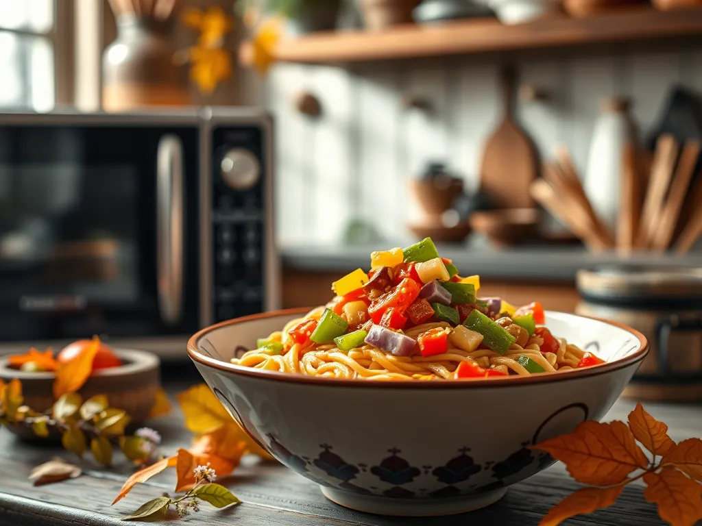 Bowl of cheap microwave ramen topped with diced canned peppers in a cozy kitchen setting