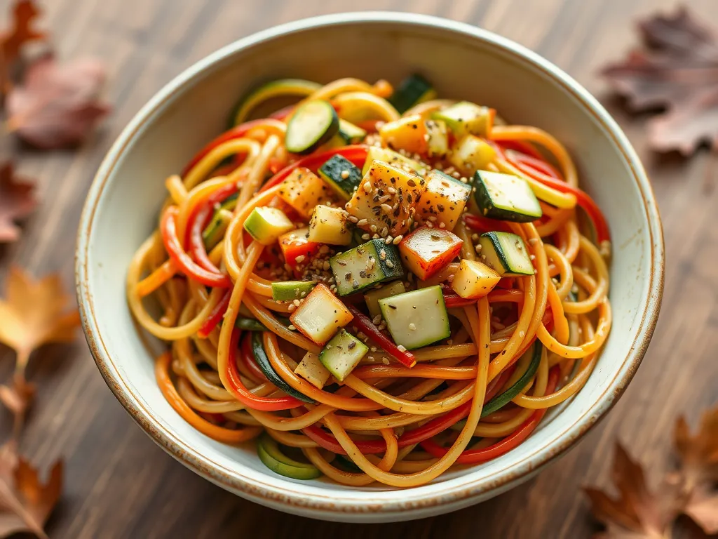 Bowl of cheap microwave ramen with diced zucchini and colorful vegetables
