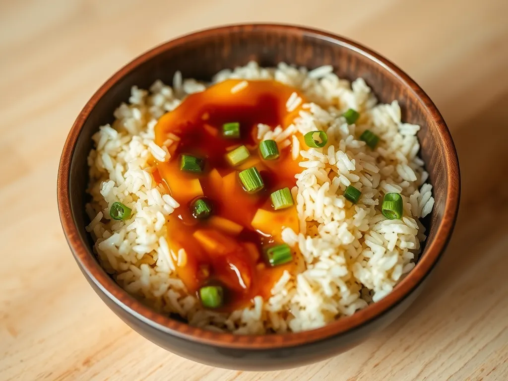 A bowl of microwave rice topped with soy sauce and green onions.