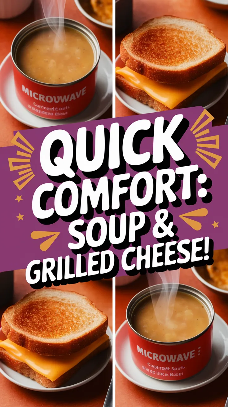 A comforting bowl of microwave canned soup beside a grilled cheese sandwich.