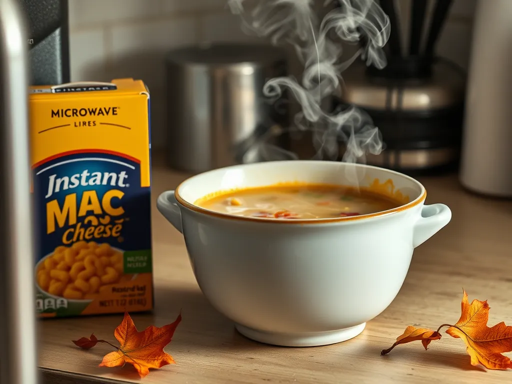 A steaming bowl of microwave canned soup next to a box of instant mac and cheese