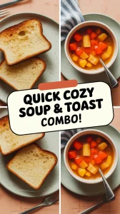 A bowl of colorful canned soup next to slices of toasted bread, perfect for a quick meal.