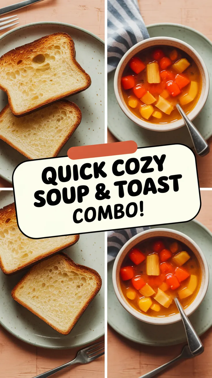 A bowl of colorful canned soup next to slices of toasted bread, perfect for a quick meal.