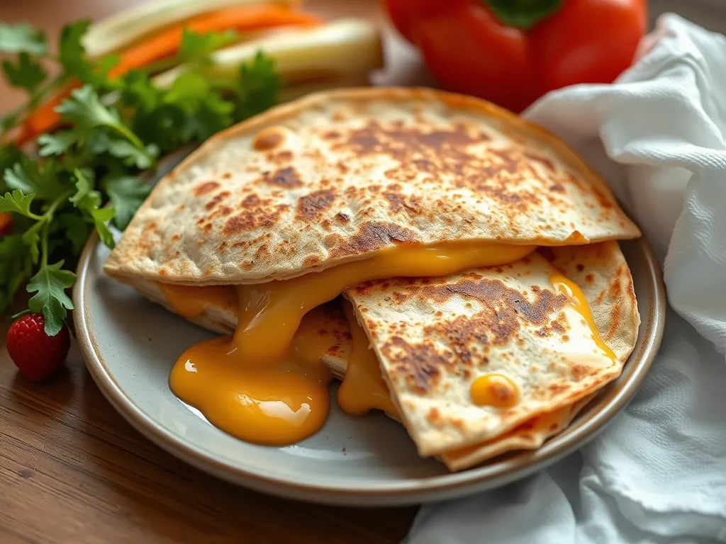 Delicious microwave quesadilla with melted cheese and canned chicken on a plate