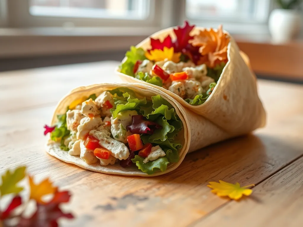 A close-up of a microwave tortilla filled with canned chicken salad, lettuce, and vegetables, perfect for a quick meal.