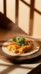 Microwave tortilla topped with canned chicken salad and cheese, garnished with cilantro