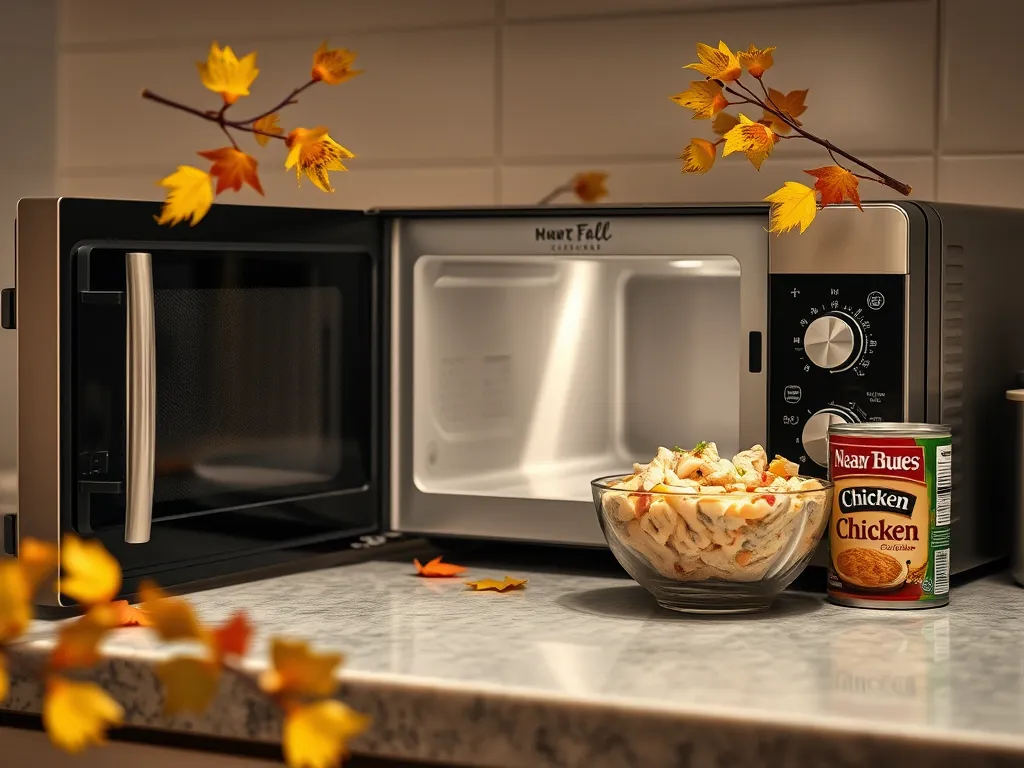 Microwave with a bowl of chicken salad and a can of canned chicken for wraps