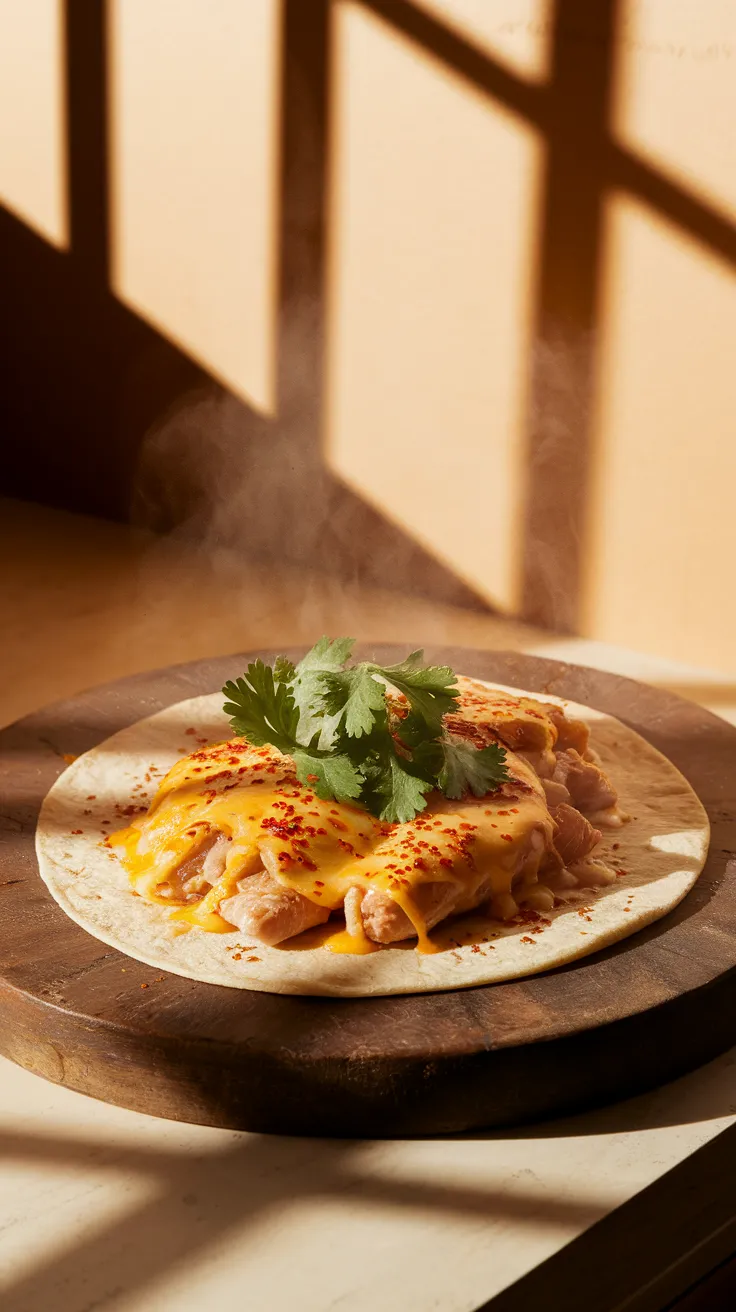 Microwave tortilla topped with canned chicken salad and cheese, garnished with cilantro