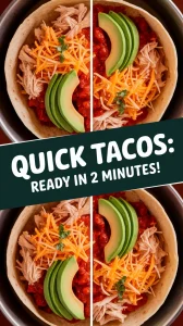 Delicious microwave tortilla with canned chicken taco topped with avocado and cheese