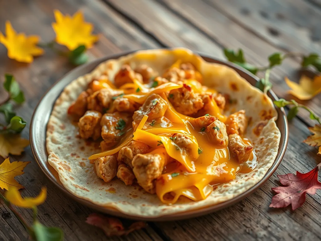 Delicious microwave tortilla filled with canned chicken and cheese