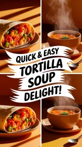 Delicious microwave tortilla filled with vegetables served alongside a bowl of hot canned soup