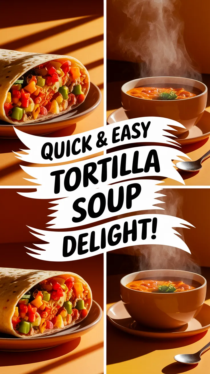 Delicious microwave tortilla filled with vegetables served alongside a bowl of hot canned soup