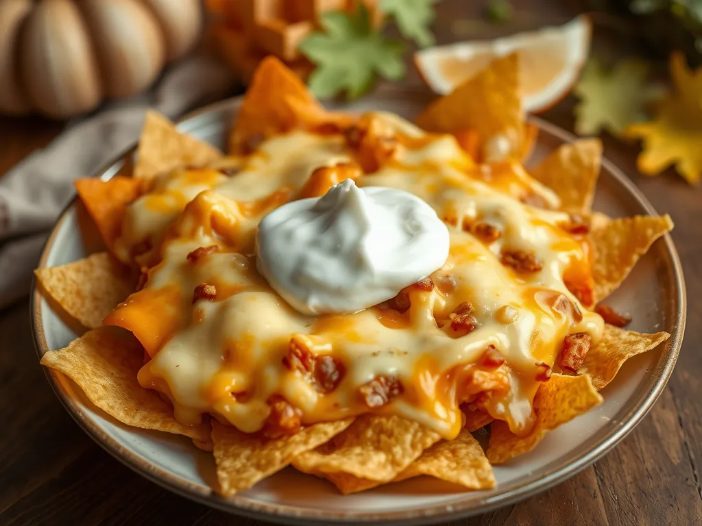 Bowl of microwave tortilla chips topped with melted cheese and sour cream, perfect for a quick snack.