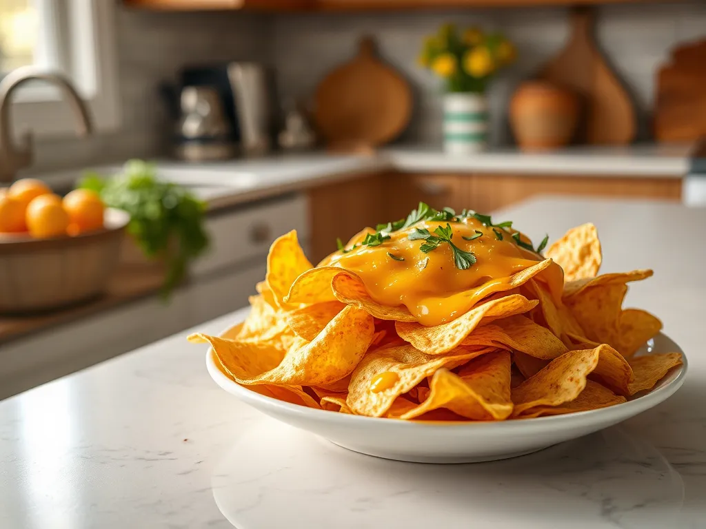 Delicious microwave tortilla chips topped with melted cheese
