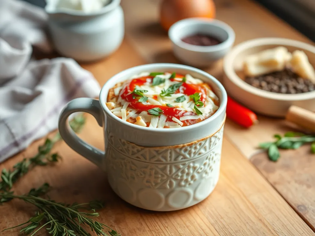 Delicious cheap microwave tortilla pizza mug topped with cheese and herbs