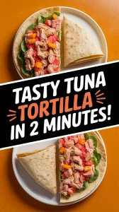 Delicious cheap microwave tortilla filled with canned tuna salad and vegetables