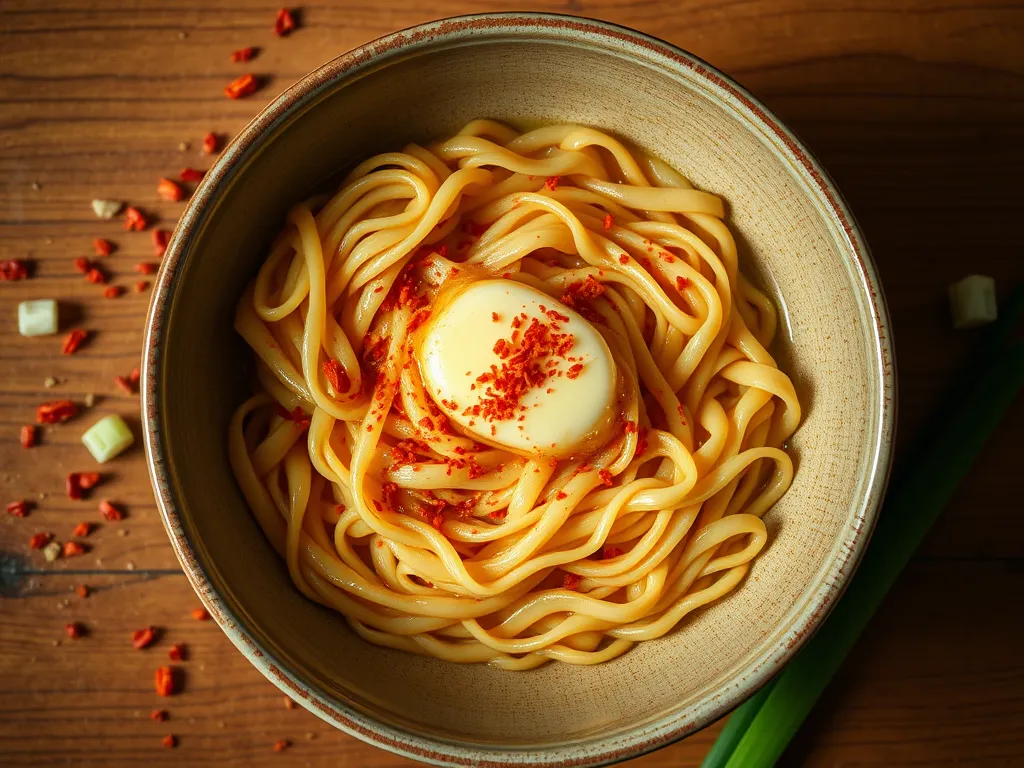 Bowl of cheap microwave ramen topped with butter and soy sauce, garnished with chili flakes.
