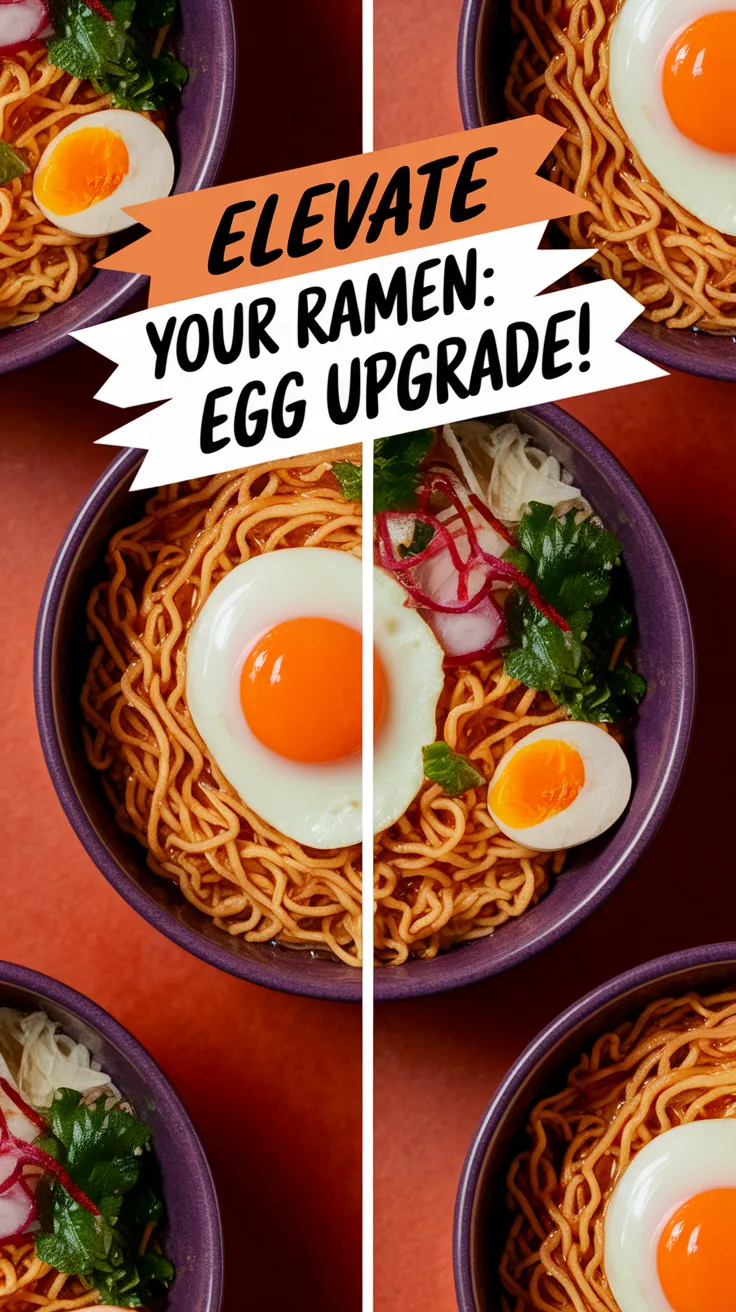 Delicious bowl of upgraded cheap microwave ramen topped with a soft-boiled egg and fresh vegetables.