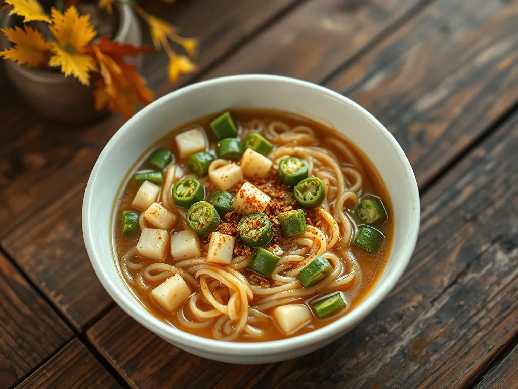Bowl of cheap microwave ramen with canned diced okra and sliced jalapenos