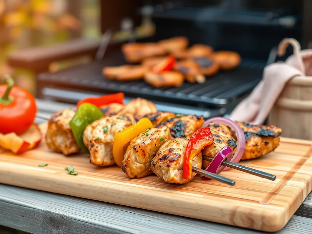 Delicious chicken skewers with colorful vegetables marinated for summer grilling