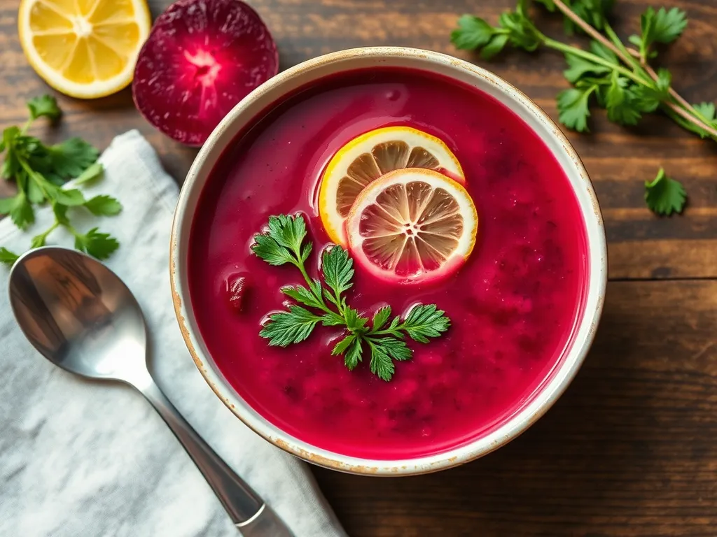 Chilled beetroot soup with lemon slices and herbs in a bowl, representing a microwave-based recipe.