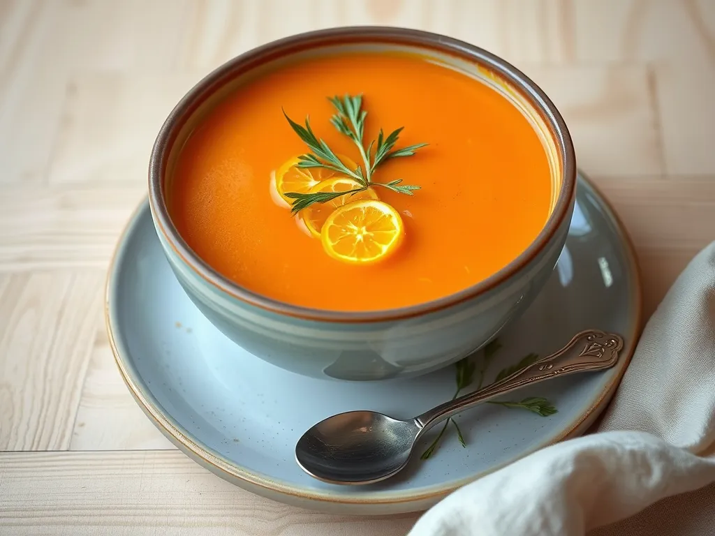 A bowl of chilled carrot soup with ginger, garnished with lemon slices and fresh herbs