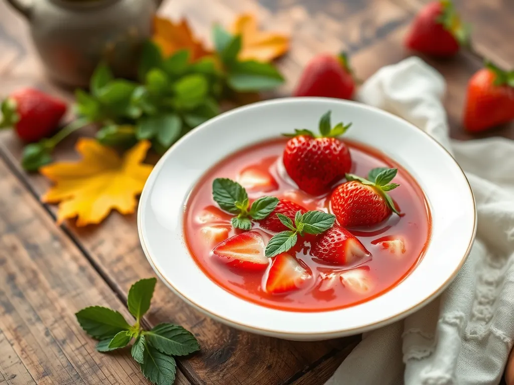 Chilled Strawberry Sipper Soup in a bowl, featuring fresh strawberries and mint leaves, perfect for a refreshing summer treat.